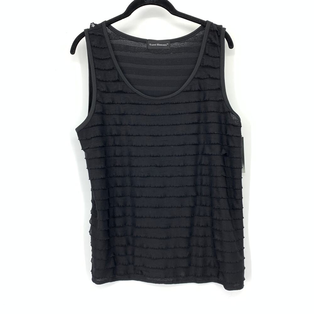 Travel Elements Top Womens Medium Black Scoop Neck Ruffle Semi-Sheer Striped